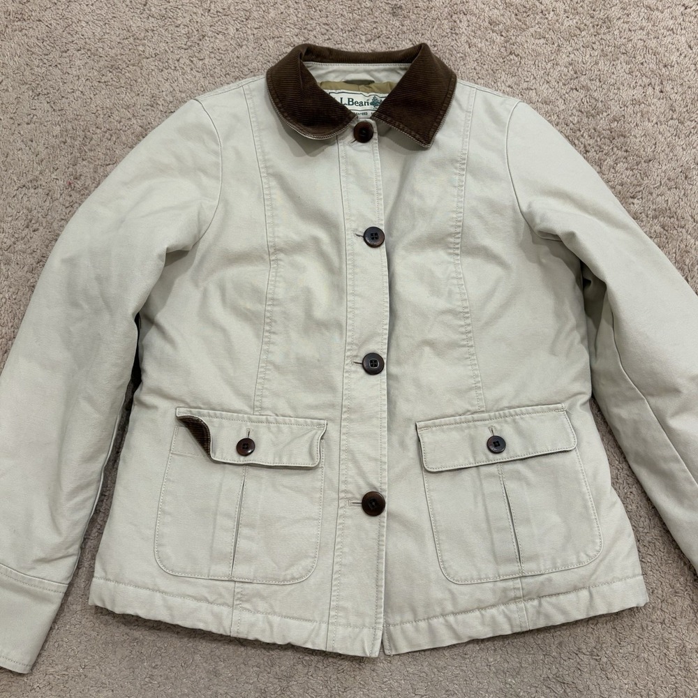 LL Bean Chore Jacket Womens Small Khaki Barn Quilt Lined Corduroy Collar Retro - Picture 2 of 10